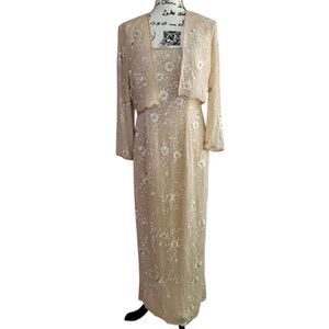 Vintage 100% silk fully beaded gown maxi length embroidered florals removable bo